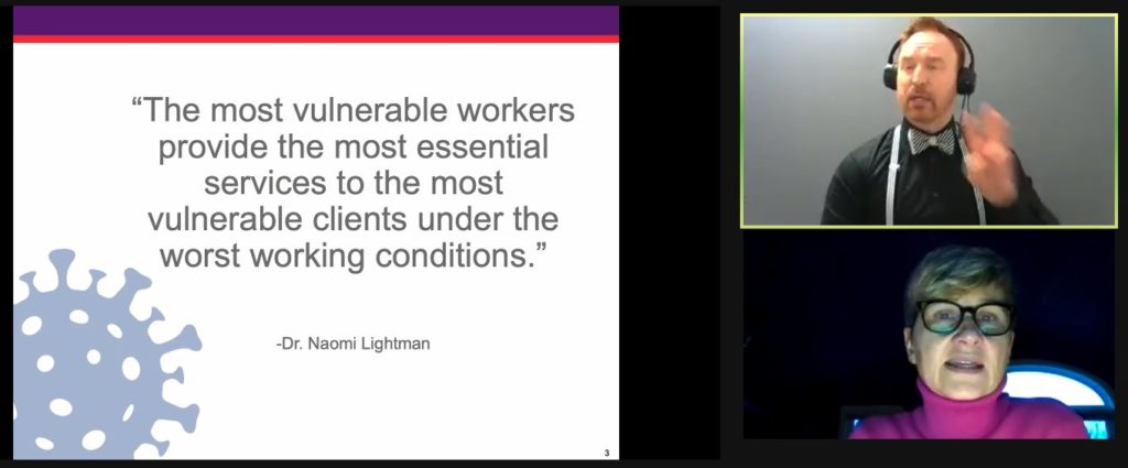 Bonnie Hostrawser presenting the Public Health Agency of Canada’s document on COVID-19’s impact on people with disabilities on Zoom with a slideshow and an ASL interpreter.