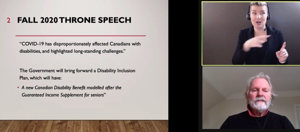 Dr. Michael Prince discussing the proposed Canadian Disability benefit via Zoom with an ASL interpreter and a slide reading "Fall 2020 Throne Speech".