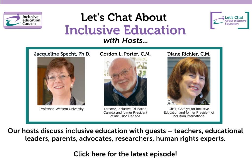 Image of the 3 hosts of Let's Chat about Inclusive Education promoting new episodse of the series being made available every monday at the link below.