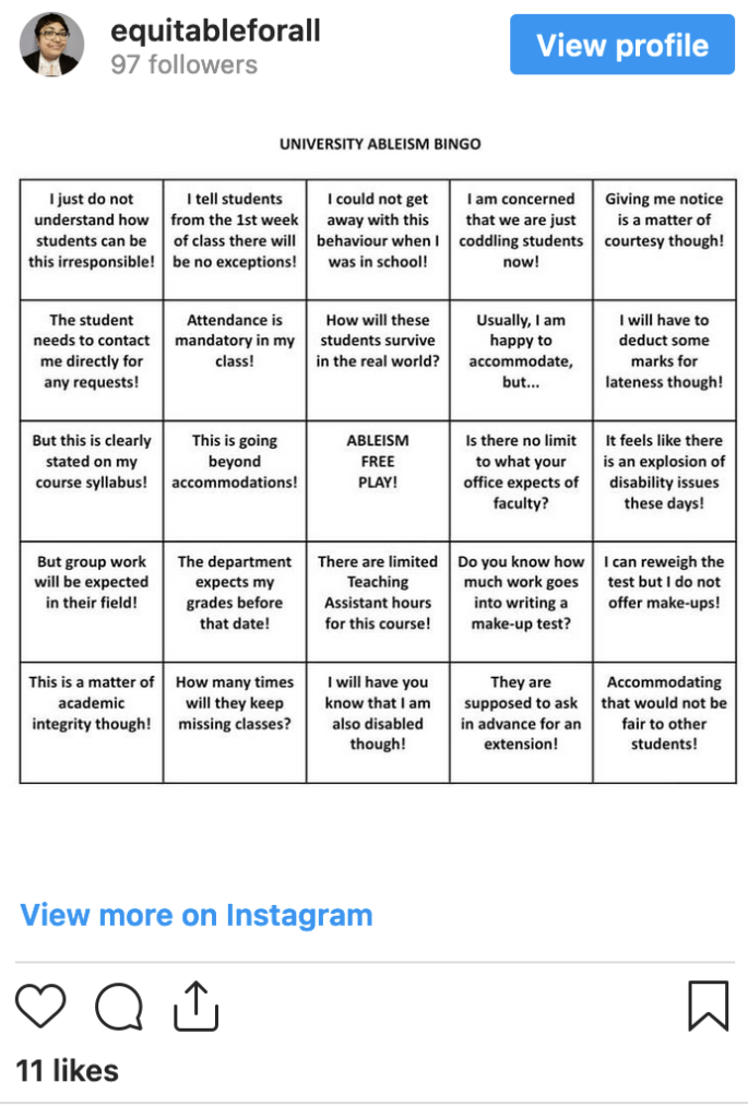Image description of embedded Instagram post: A Bingo card titled “University Ableism Bingo”. The centre square reads “Ableism Free Play!” Full description provided in the caption of the post.