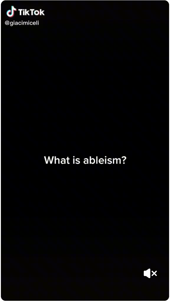 Image description of embedded TikTok video: A black background. The phrase “What is Ableism?” is in white font in the centre of the screen.