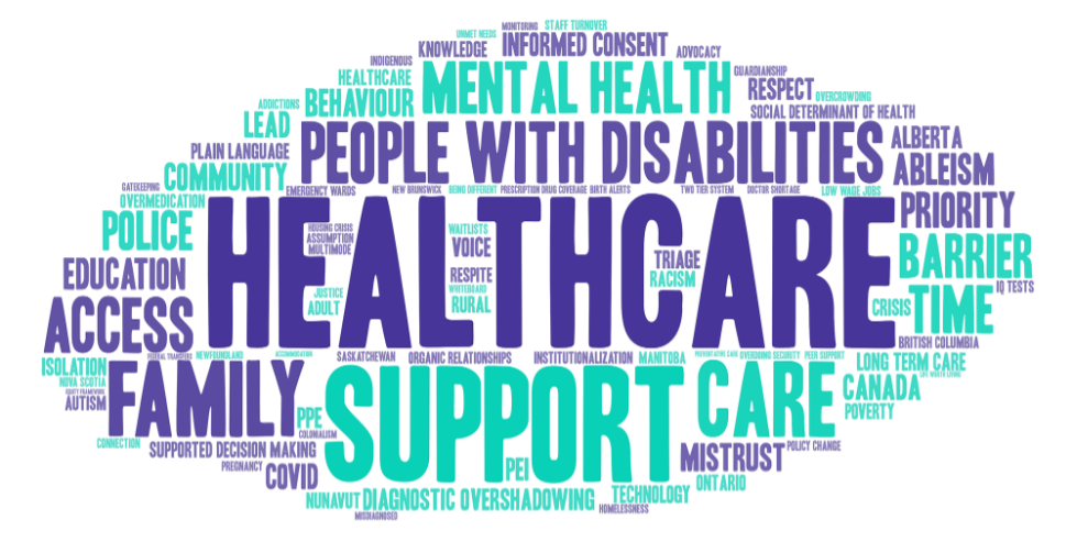 A word scramble image in Inclusion Canada's purple and teal colouring. Some of the most prominent words include "Healthcare, People with Disabilities, Mental Health, Support, Family, and Care." 
