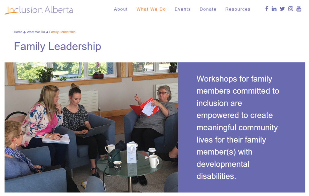 Screenshot of Inclusion Alberta's website's page on Family Leadership